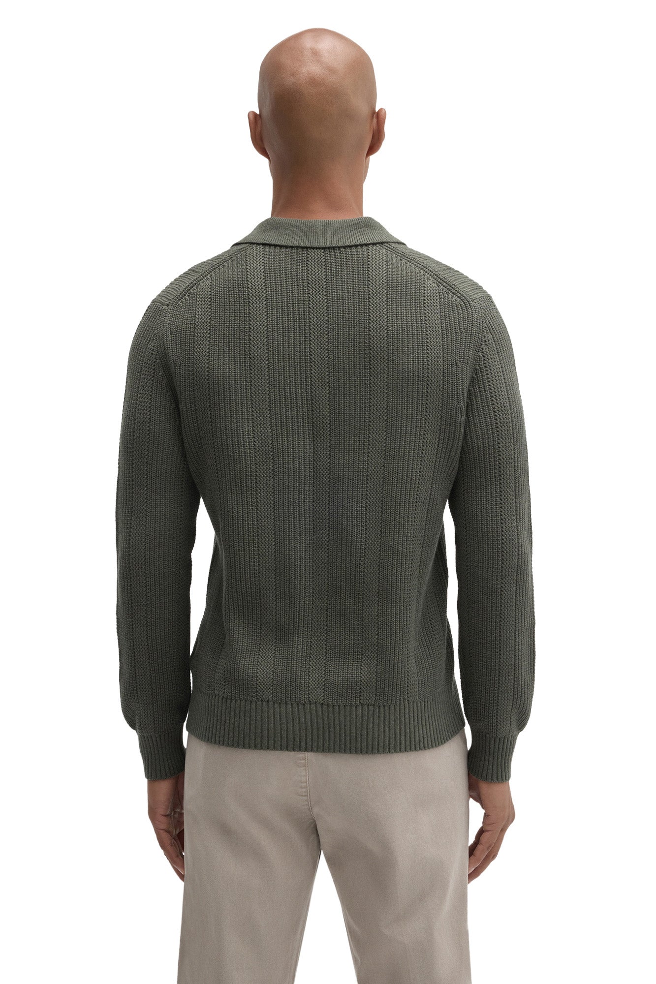Robert Barakett men's olive green long sleeve knit polo with vertical texture, hem, cuffs and ribbed collar, back view