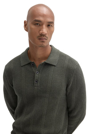 Robert Barakett men's close front view of olive green knit long-sleeve polo collar, three-button placket