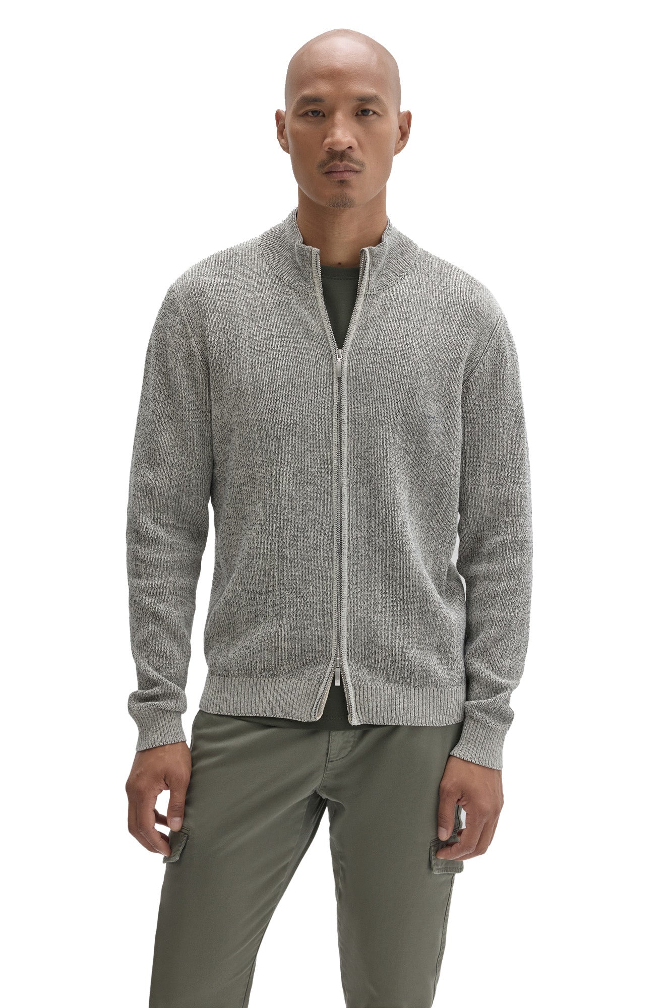 Front view of men's light gray heathered full-zip mock neck long-sleeve sweater with ribbed hem by Robert Barakett
