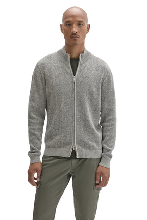 Front view of men's light gray heathered full-zip mock neck long-sleeve sweater with ribbed hem by Robert Barakett