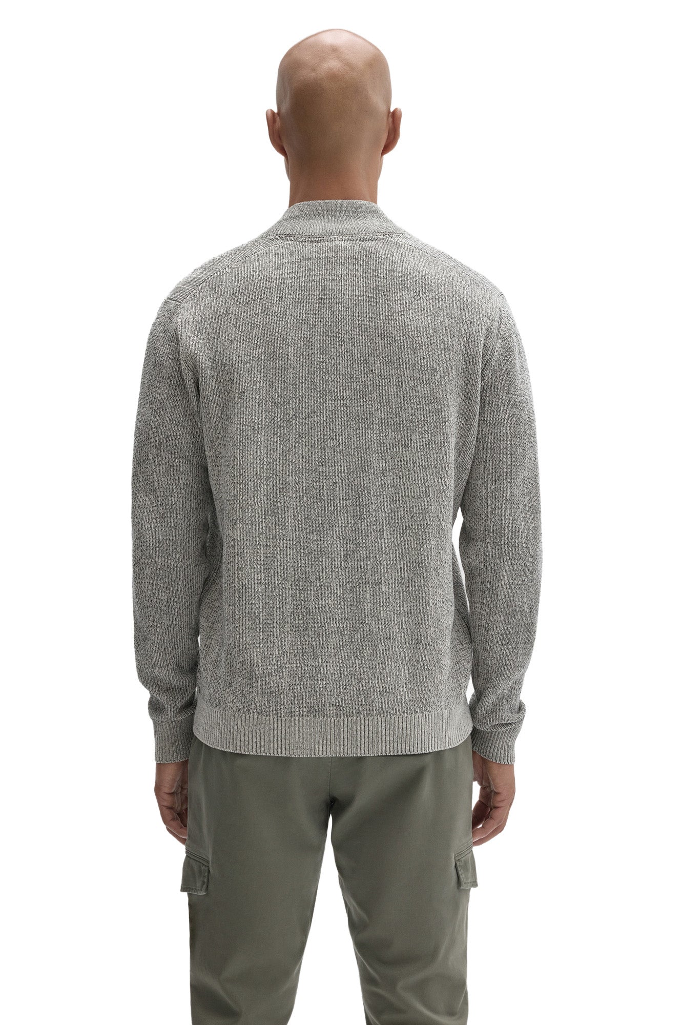 Back view of men's light gray heathered knit long-sleeve sweater with ribbed hem and cuffs by Robert Barakett