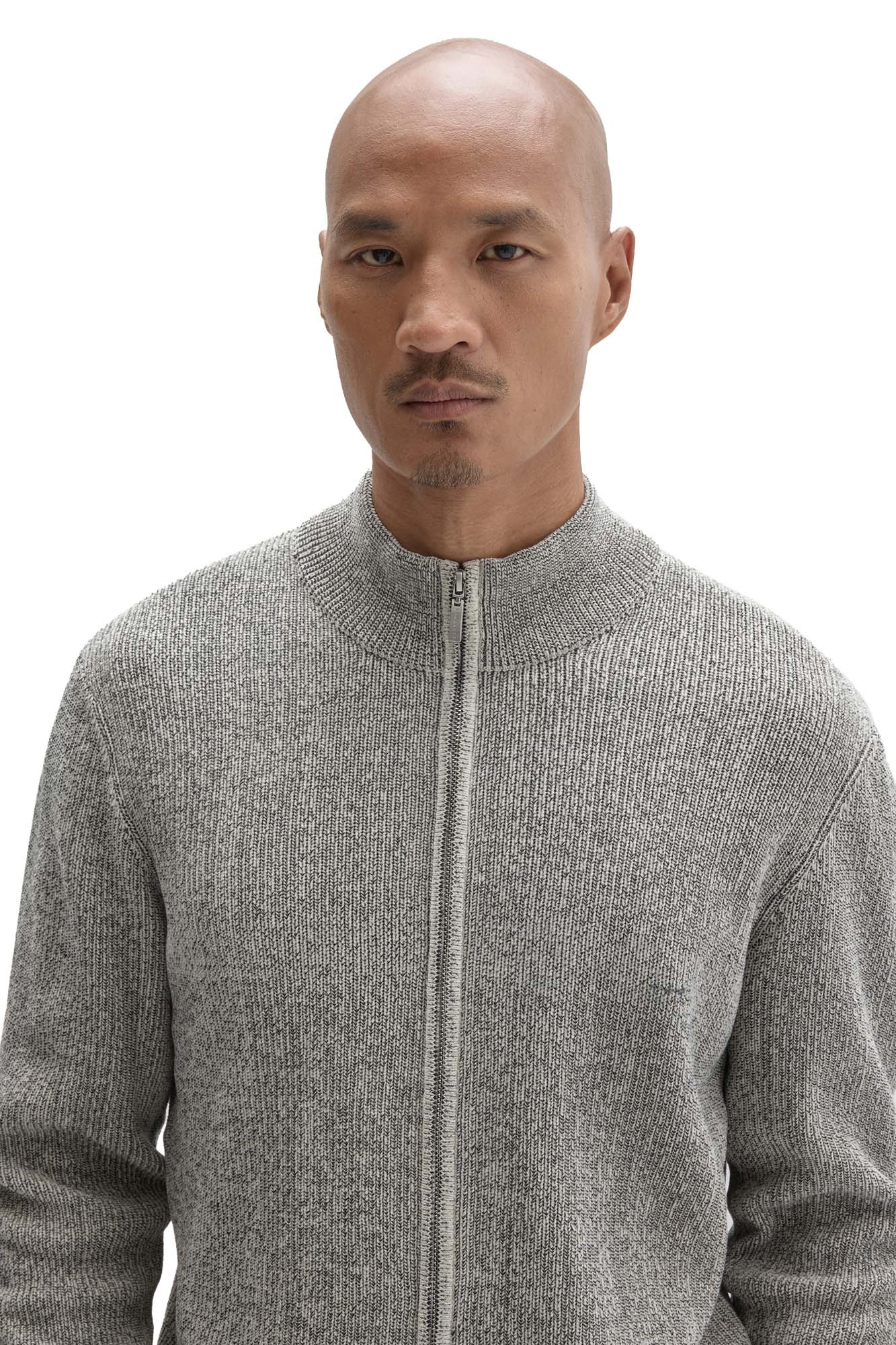 Men's close front view of a light gray heathered full-zip long-sleeve sweater with ribbed mock neck by Robert Barakett