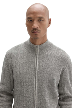 Men's close front view of a light gray heathered full-zip long-sleeve sweater with ribbed mock neck by Robert Barakett