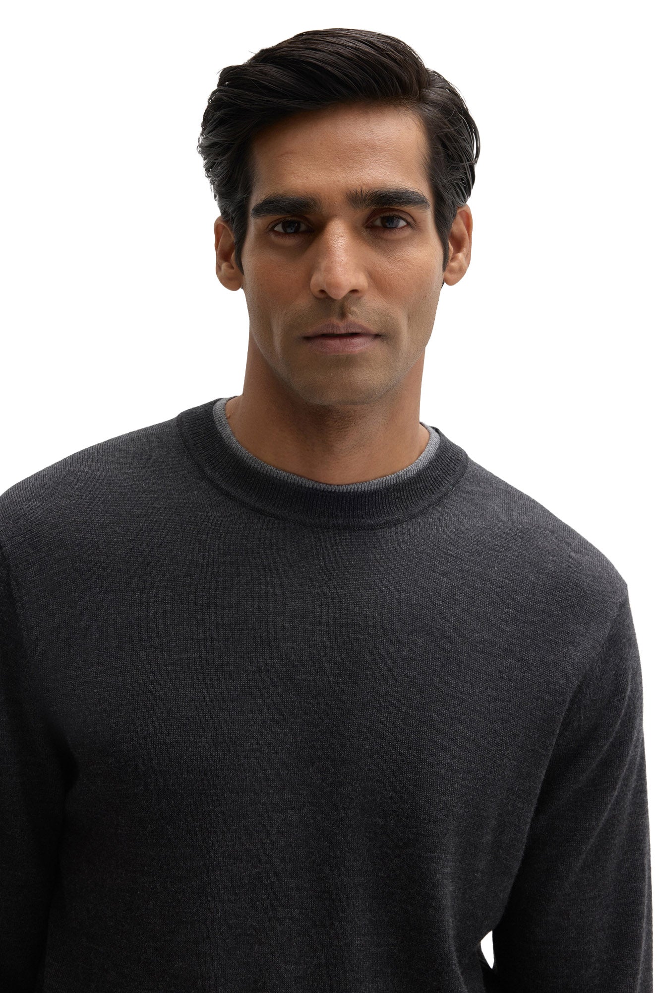 Close-up of fine texture and ribbed neck on Robert Barakett men's charcoal crewneck knit long-sleeve knit sweater