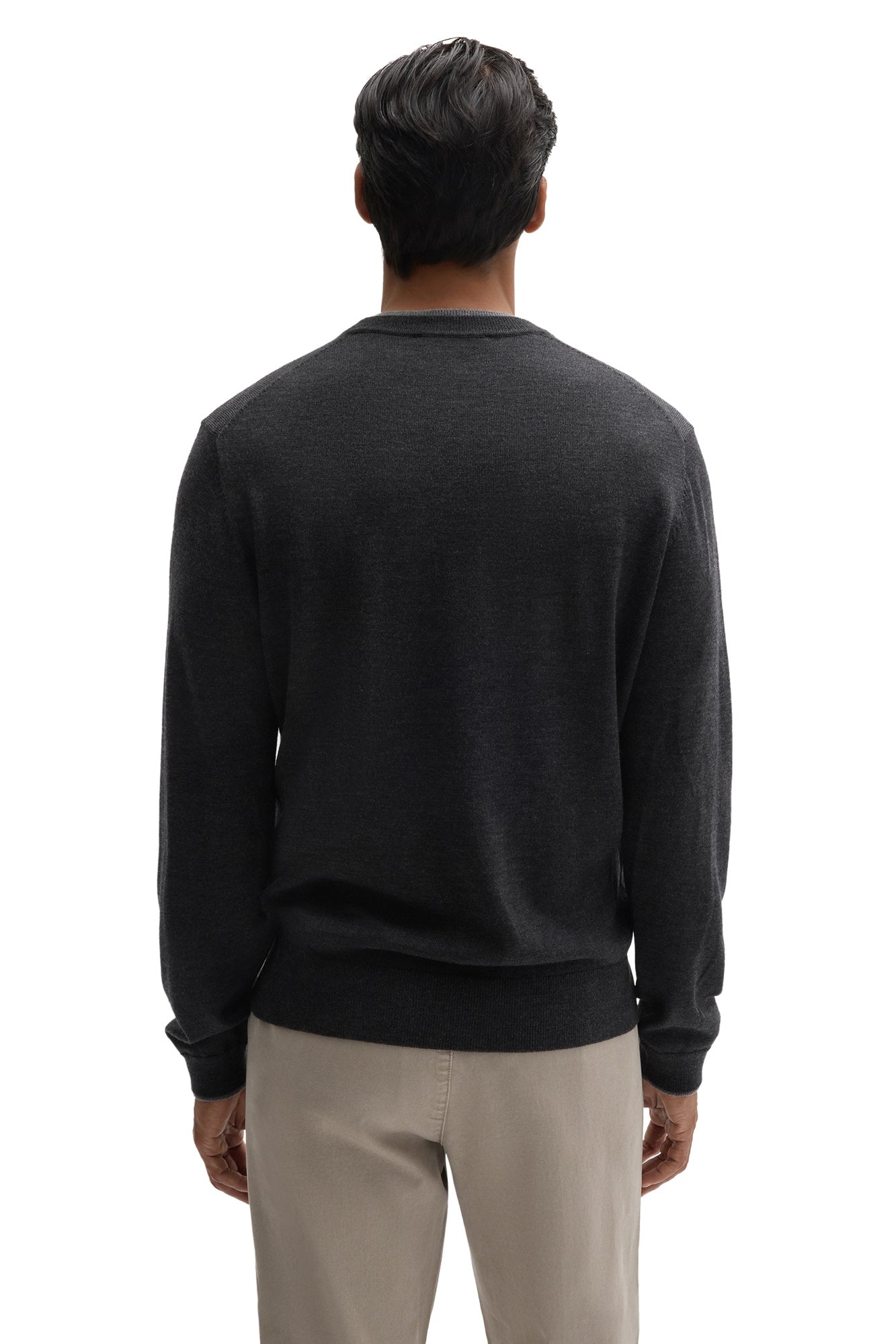 Robert Barakett men's charcoal crewneck knit long-sleeve knit sweater with hem, cuffs and ribbed collar, back view