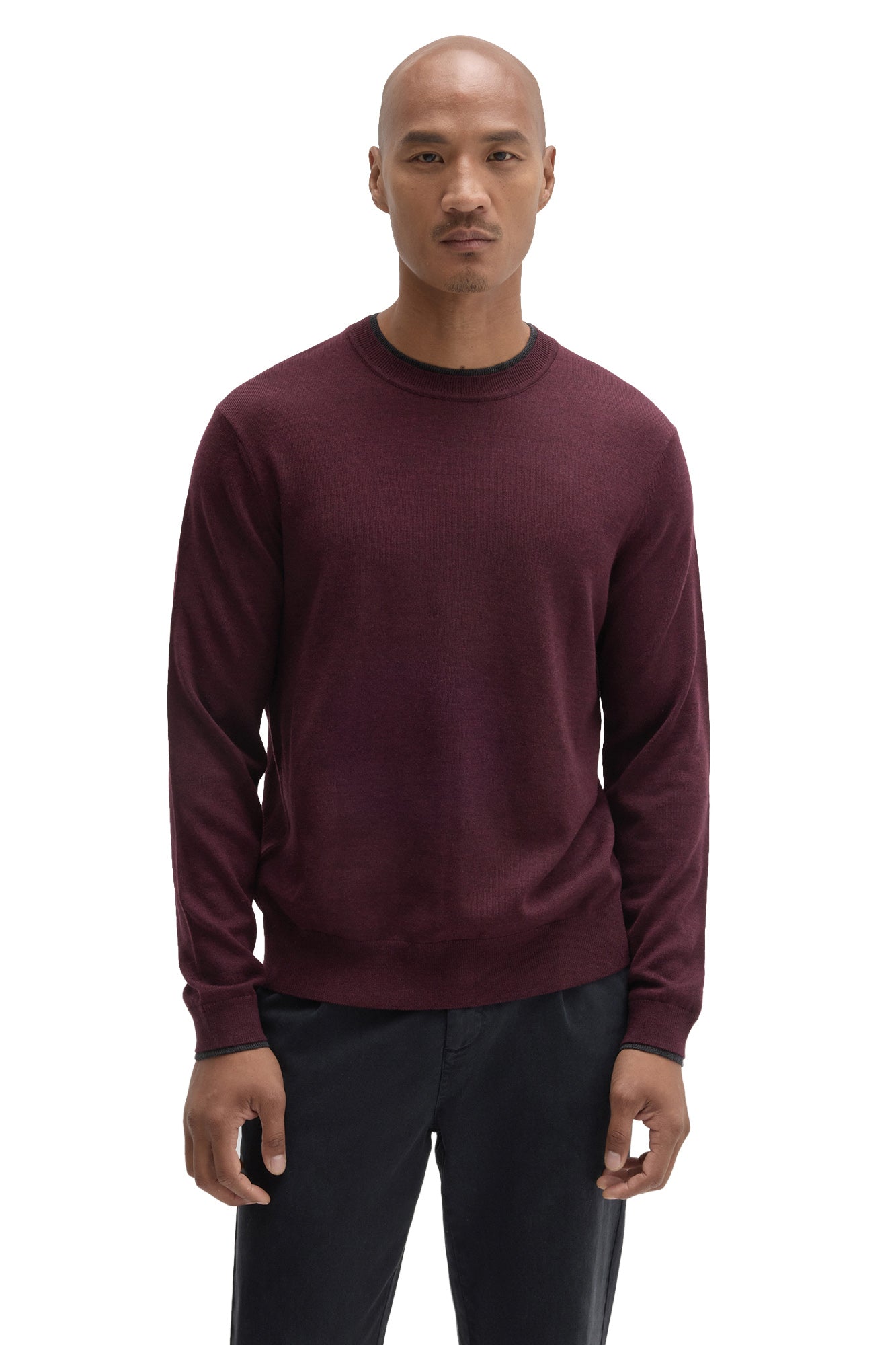 Robert Barakett men's burgundy long sleeve crew neck sweater with dark trim, cuffs and ribbed hem shown from the front