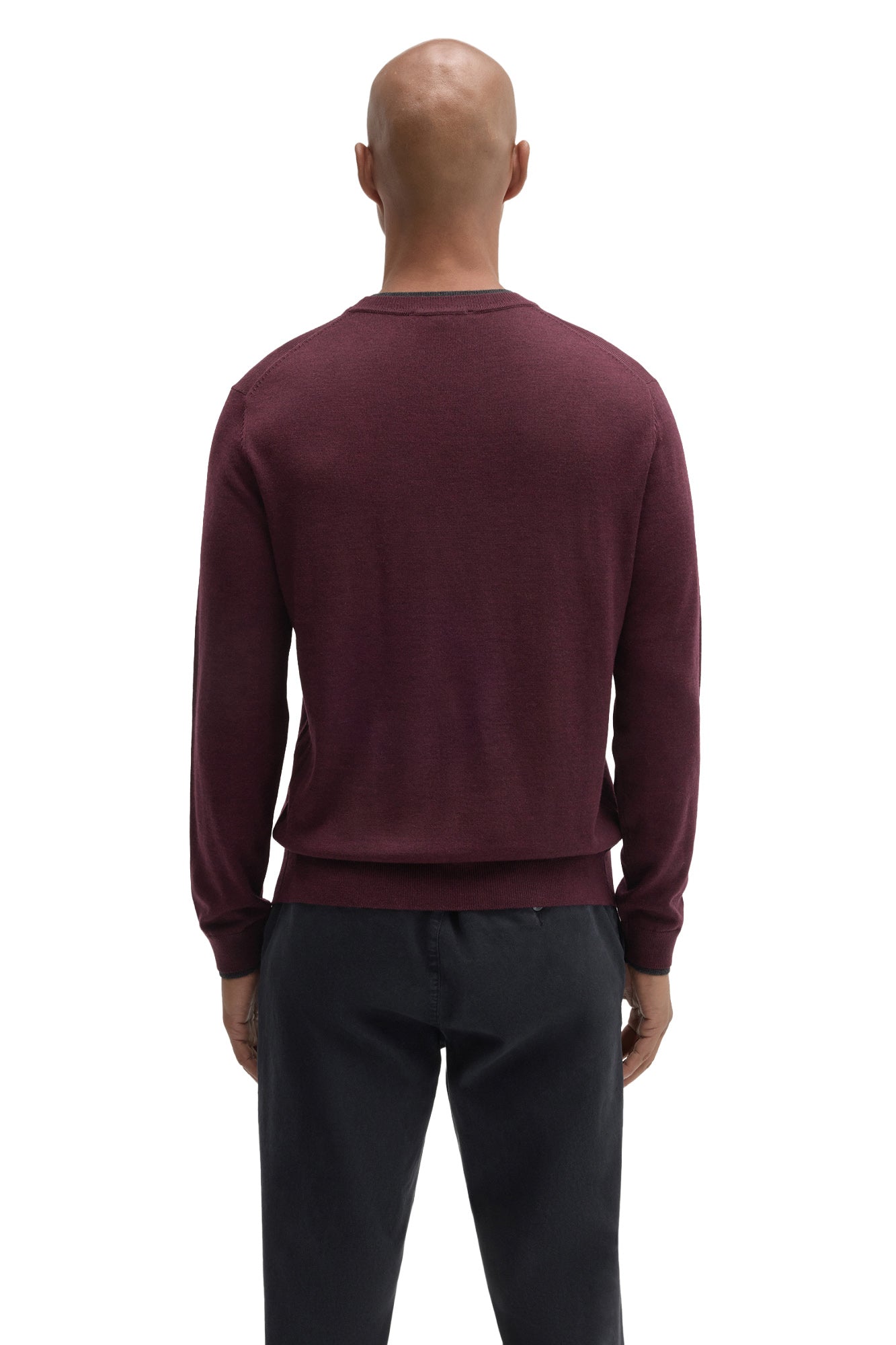 Back view of Robert Barakett men's burgundy crew neck long-sleeve sweater with ribbed hem and dark trim at collar and cuffs