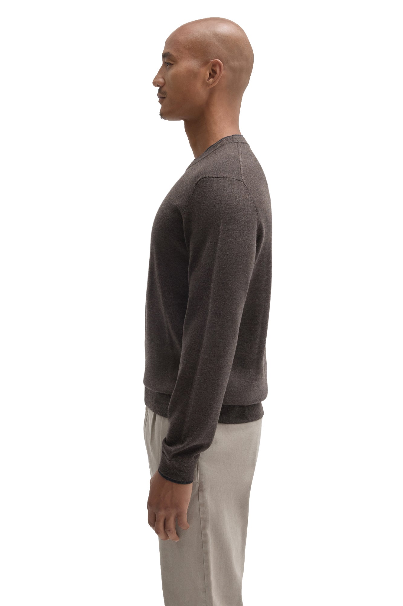Side view of men's dark brown crewneck knit long-sleeve knit sweater showing shoulder seam by Robert Barakett