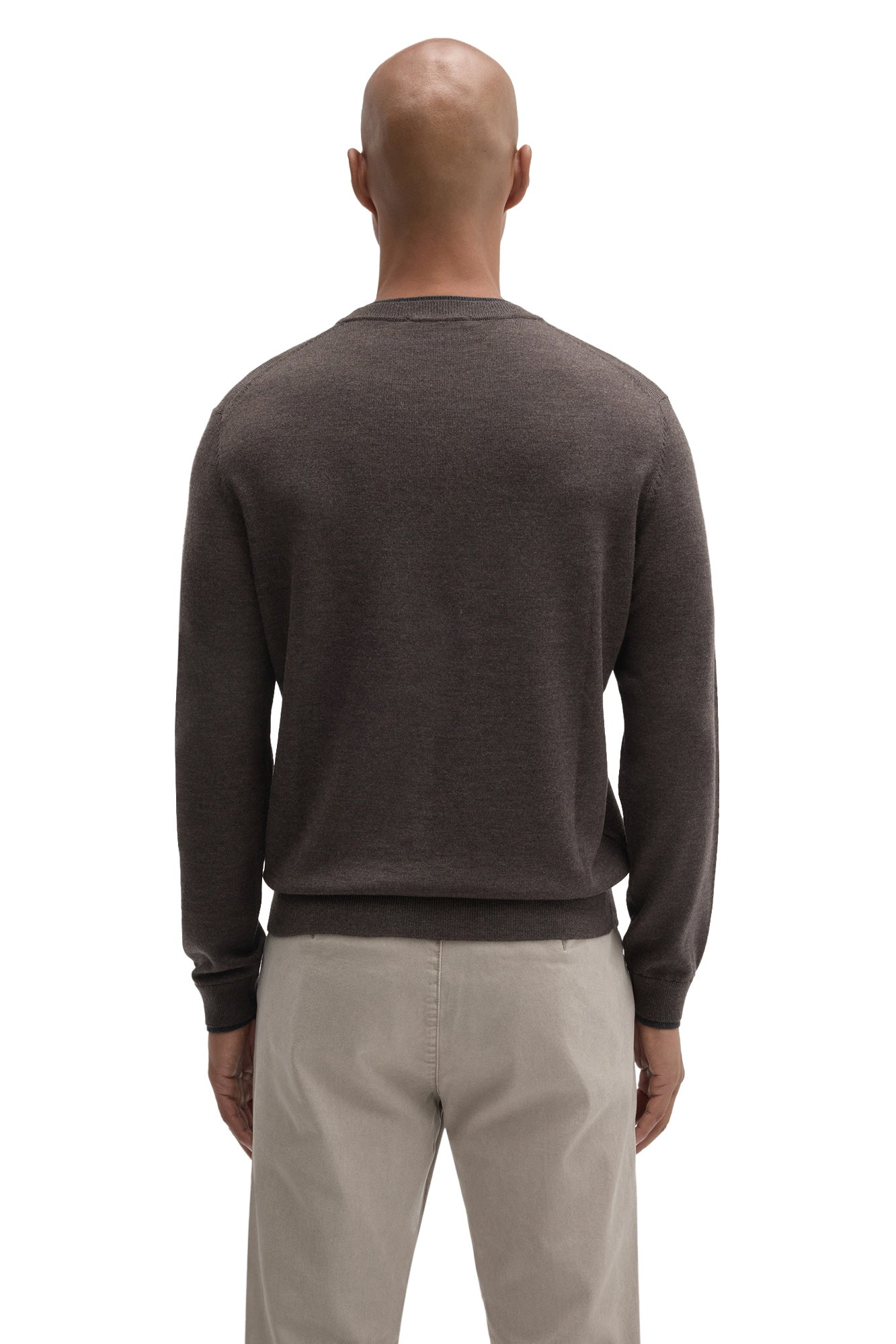 Robert Barakett men's dark brown crewneck knit long-sleeve knit sweater with hem, cuffs and ribbed collar, back view