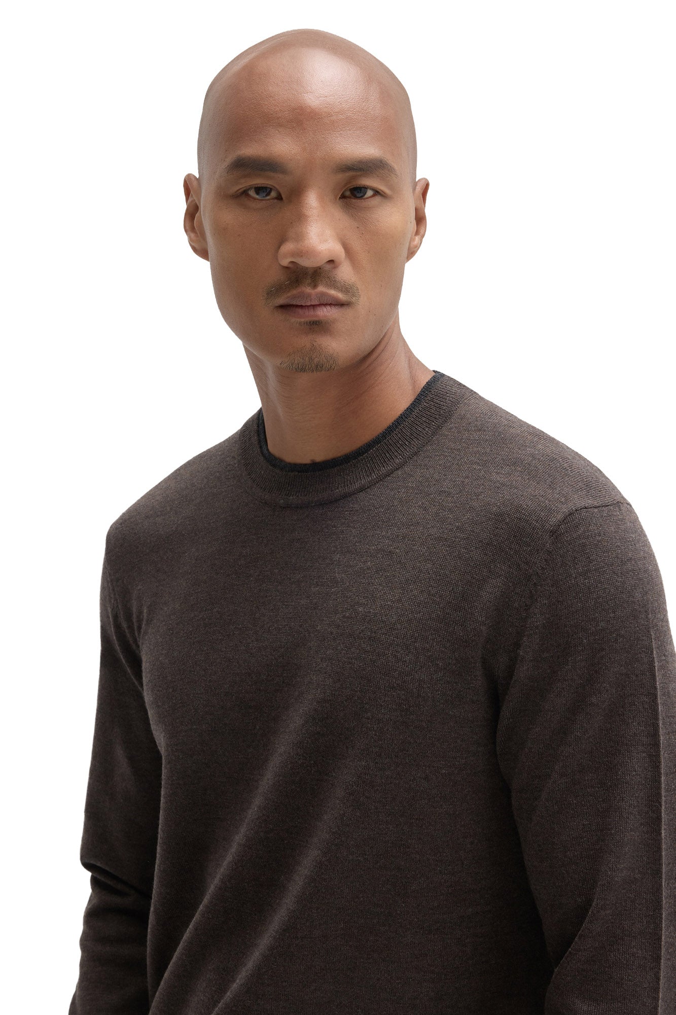 Robert Barakett men's close front detail of dark brown crewneck knit long-sleeve knit sweater with ribbed neckline texture