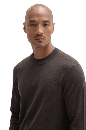 Robert Barakett men's close front detail of dark brown crewneck knit long-sleeve knit sweater with ribbed neckline texture