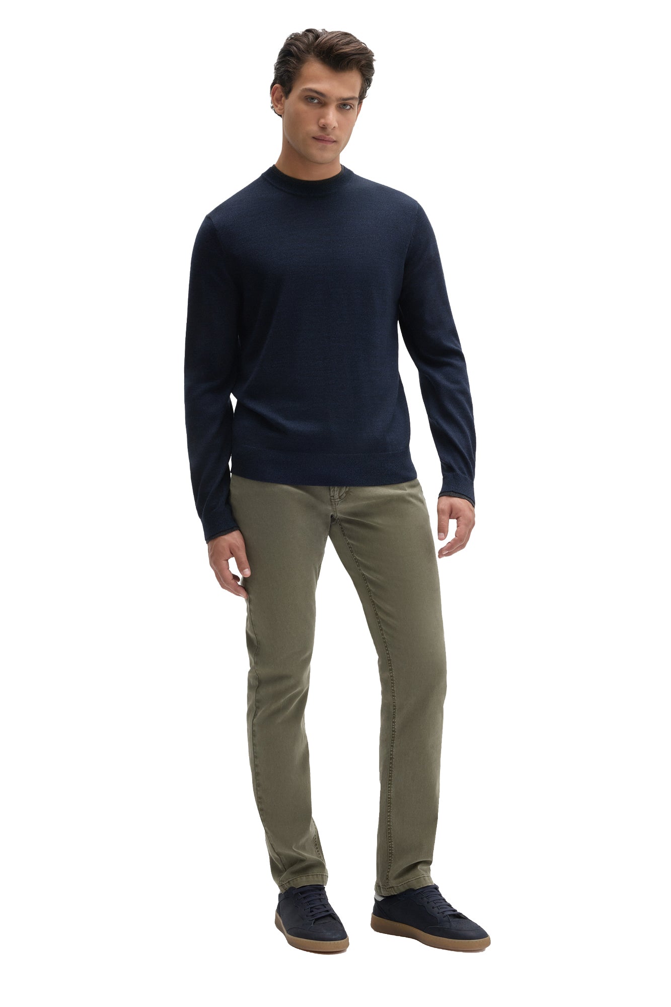 Men's full-length front view of a navy crewneck long-sleeve sweater with ribbed hem by Robert Barakett