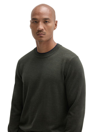 Robert Barakett men's close front view of a dark olive crew neck long-sleeve sweater showing fine knit texture