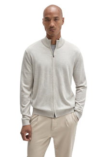 Robert Barakett men's light beige full-zip knit long-sleeve knit sweater with hem, cuffs and ribbed stand collar, front view