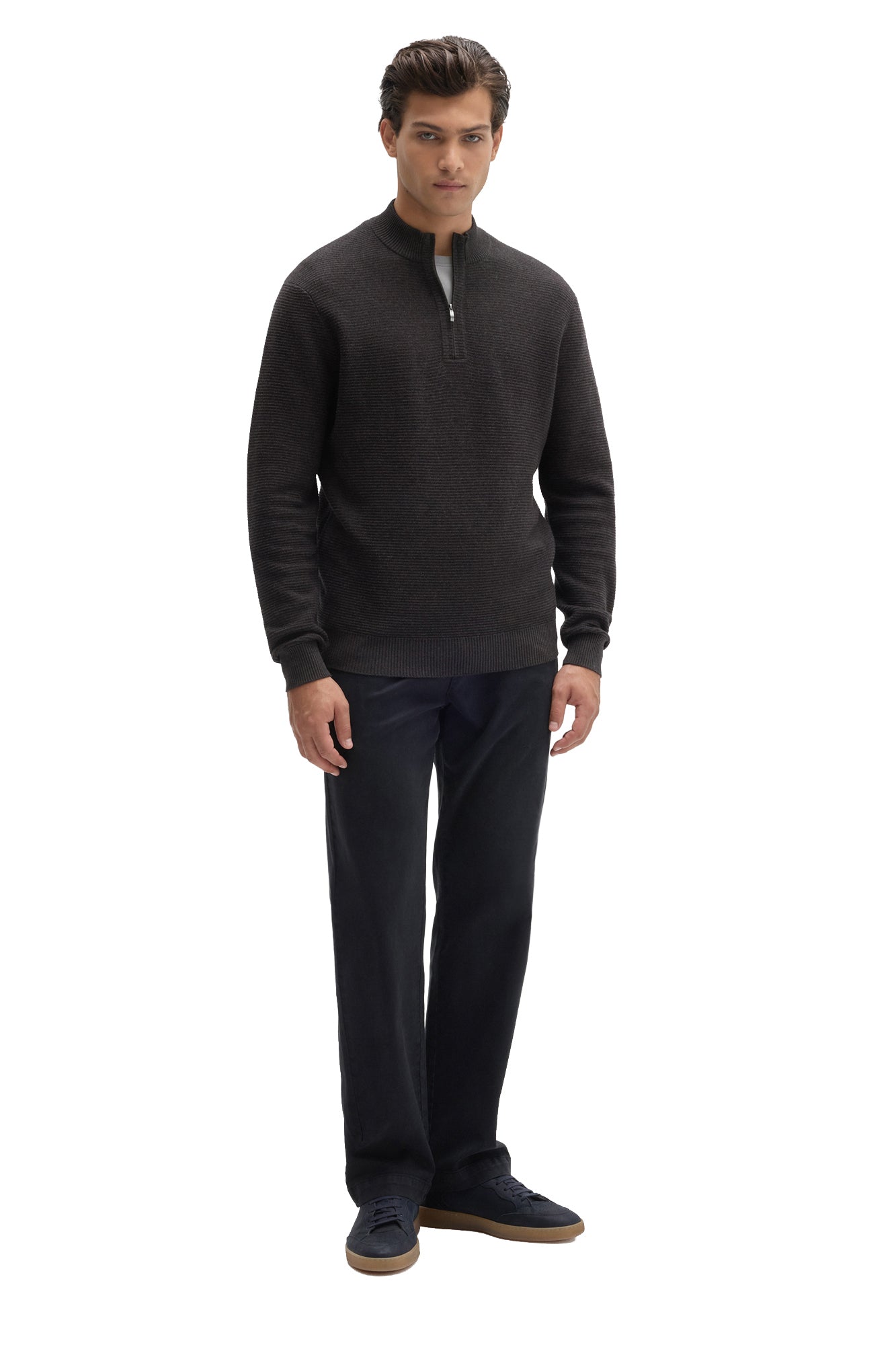 Robert Barakett men's dark charcoal quarter-zip knit long-sleeve sweater, full front view styled with dark pants