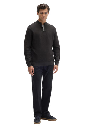 Robert Barakett men's dark charcoal quarter-zip knit long-sleeve sweater, full front view styled with dark pants