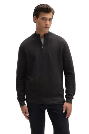 Robert Barakett men's dark charcoal quarter-zip knit long-sleeve sweater with ribbed mock neck and hem, front view