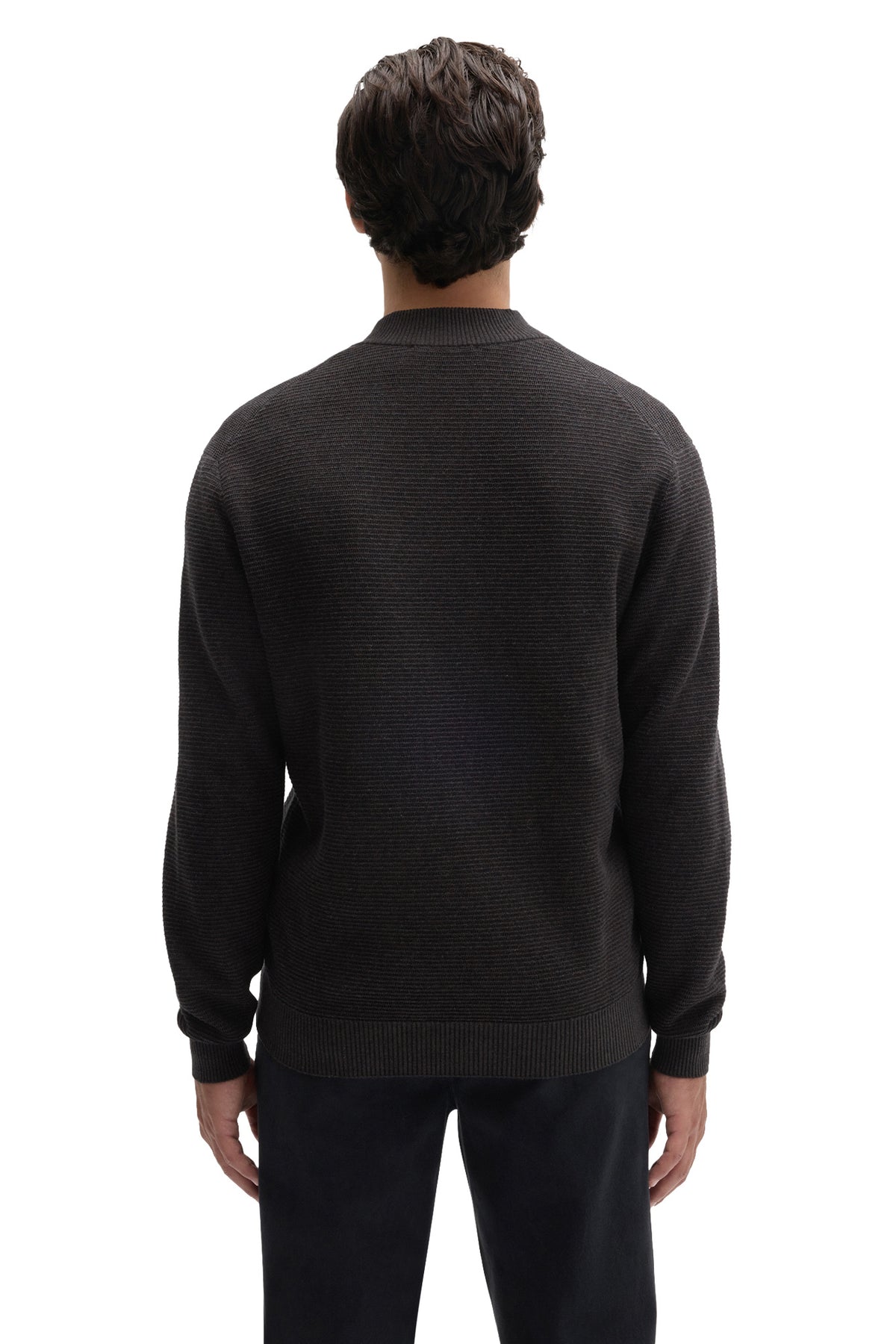 Men's dark charcoal quarter-zip knit long-sleeve sweater, close back view with ribbed hem and cuffs by Robert Barakett