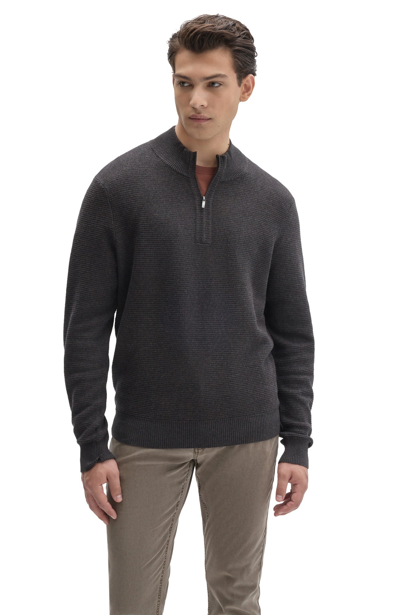Robert Barakett men's dark charcoal quarter-zip knit long-sleeve sweater with ribbed mock neck and hem, front view