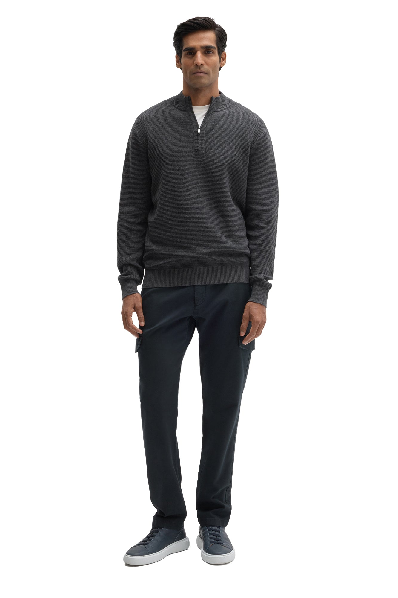 Robert Barakett men's full-length front view of charcoal textured knit half-zip long-sleeve knit sweater worn