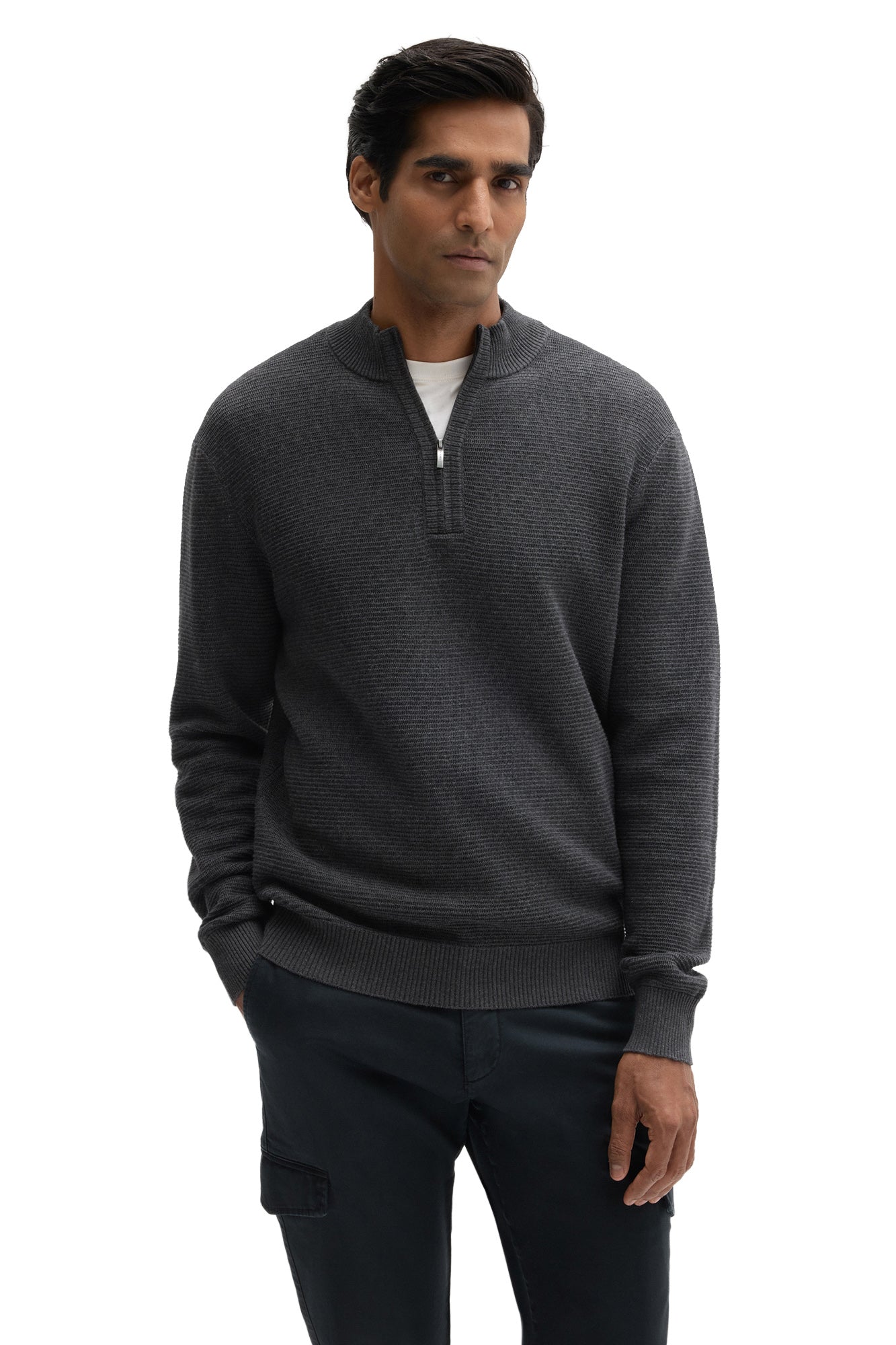 Robert Barakett men's charcoal textured knit half-zip long-sleeve knit sweater with hem, cuffs and ribbed collar, front view