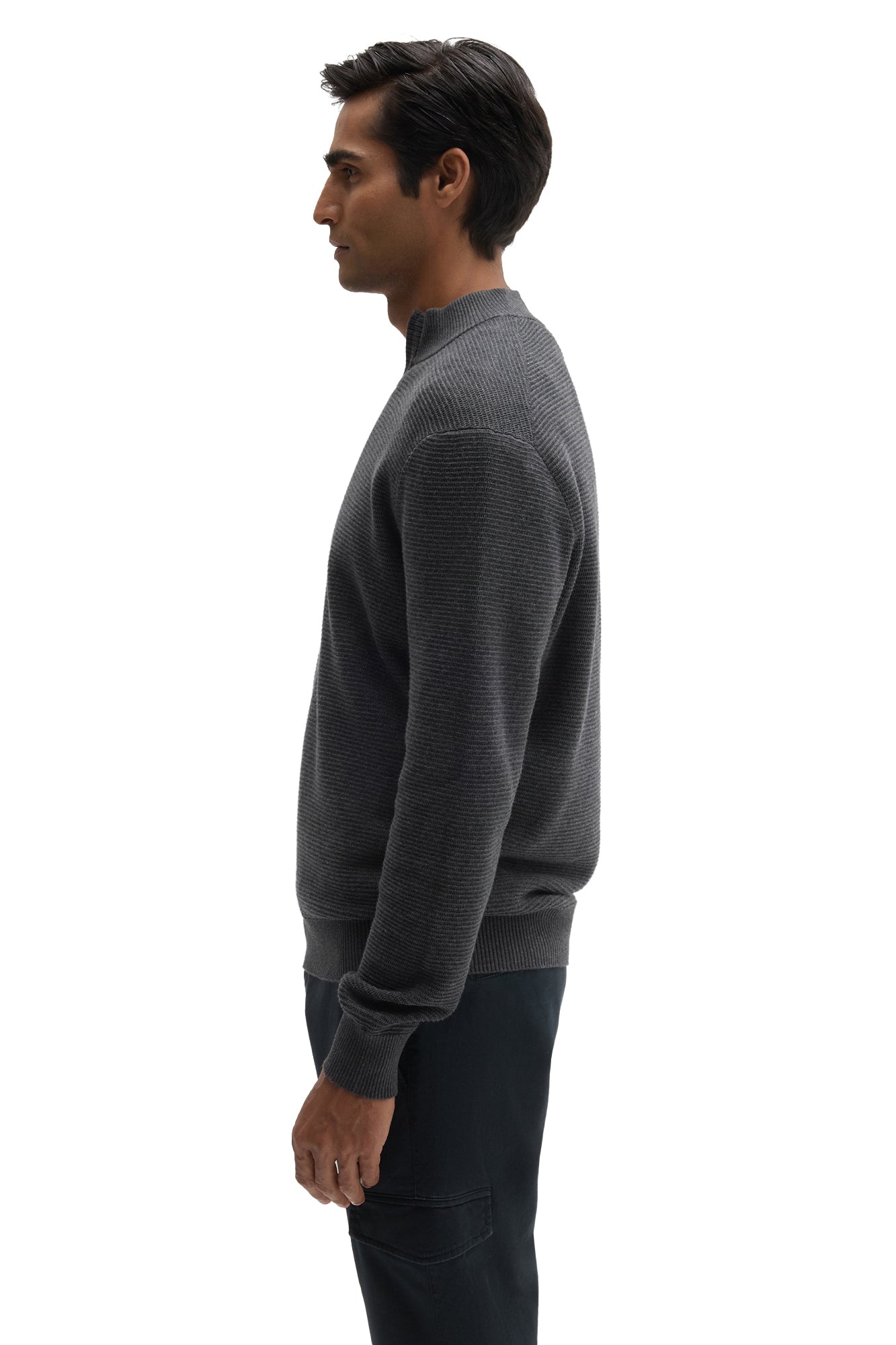 Robert Barakett men's charcoal textured knit half-zip long-sleeve knit sweater with hem, cuff and ribbed collar, side view