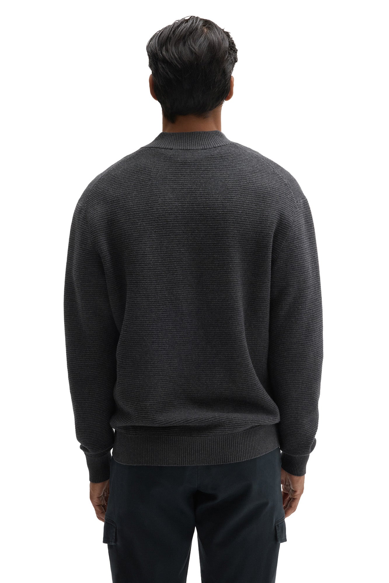 Robert Barakett men's charcoal textured knit long-sleeve knit sweater with hem, cuffs and ribbed stand collar, back view