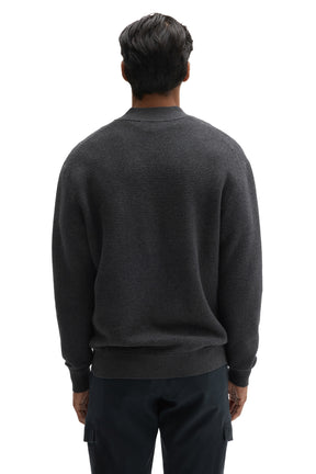 Robert Barakett men's charcoal textured knit long-sleeve knit sweater with hem, cuffs and ribbed stand collar, back view