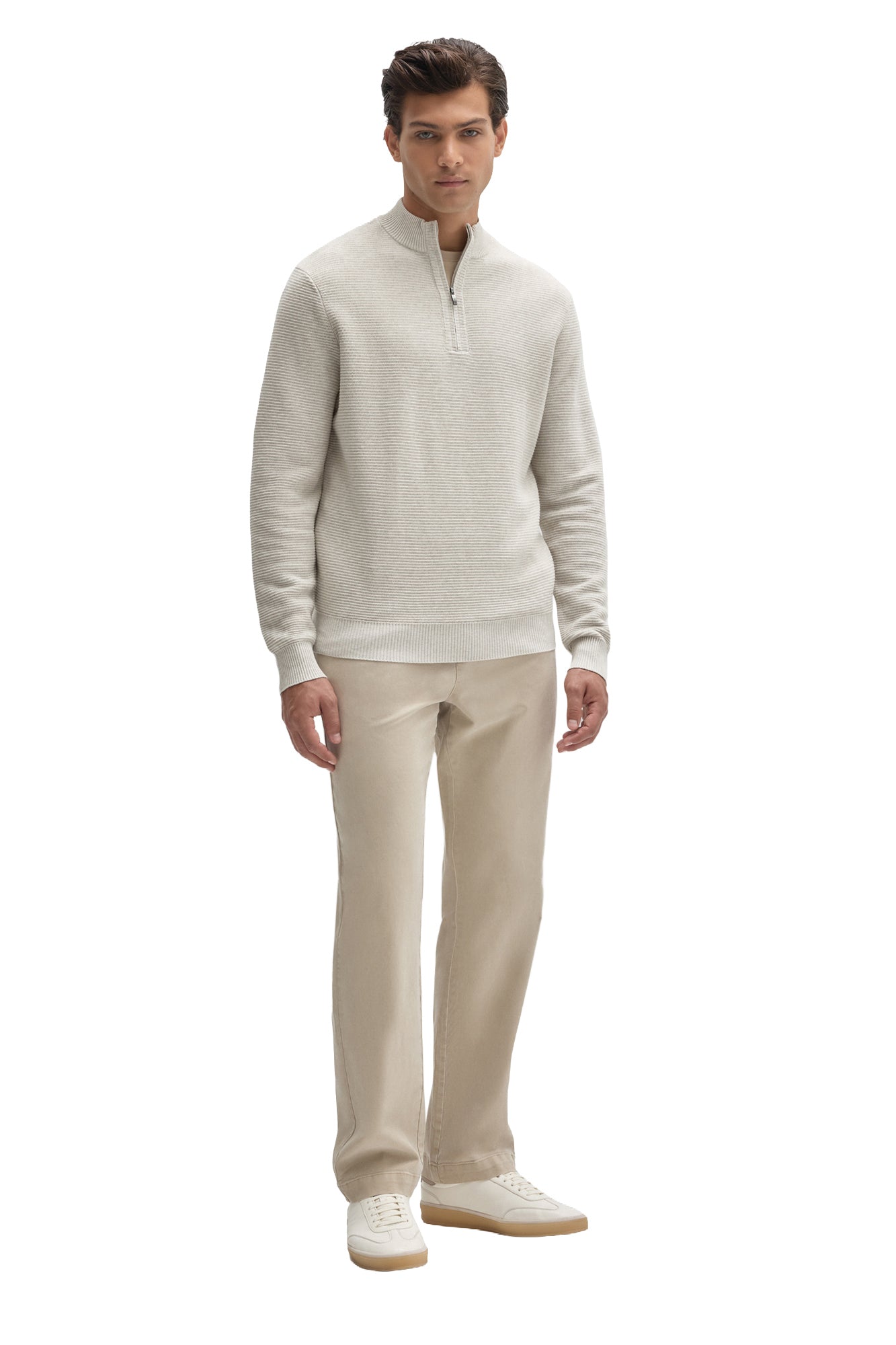 Robert Barakett men's off-white half-zip knit long-sleeve knit sweater with ribbed collar and cuffs shown from the front