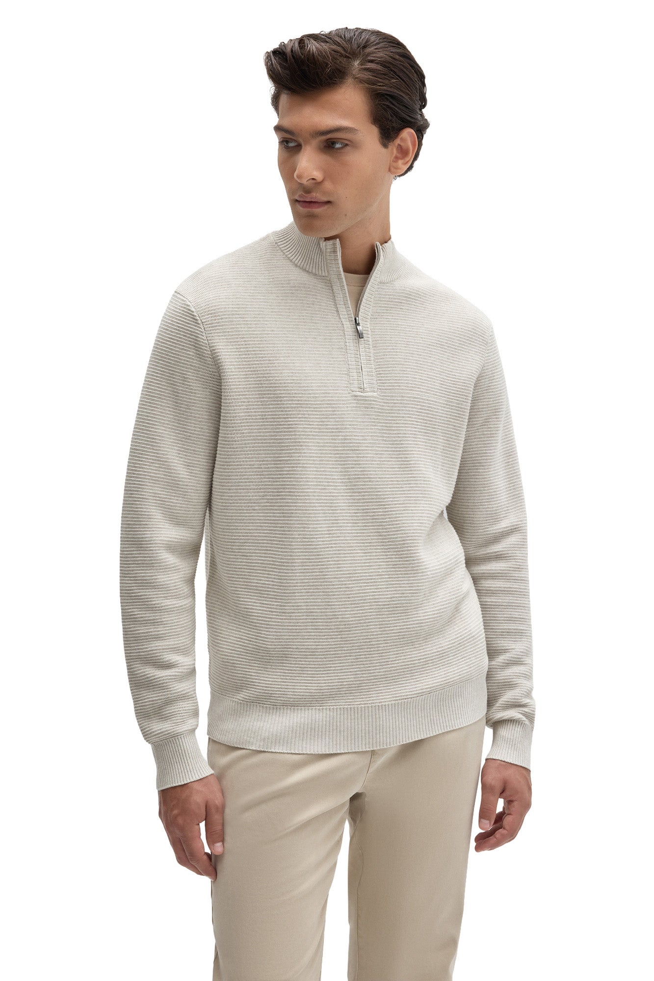 Robert Barakett men's off-white half-zip knit long-sleeve knit sweater with ribbed collar and cuffs shown from the front