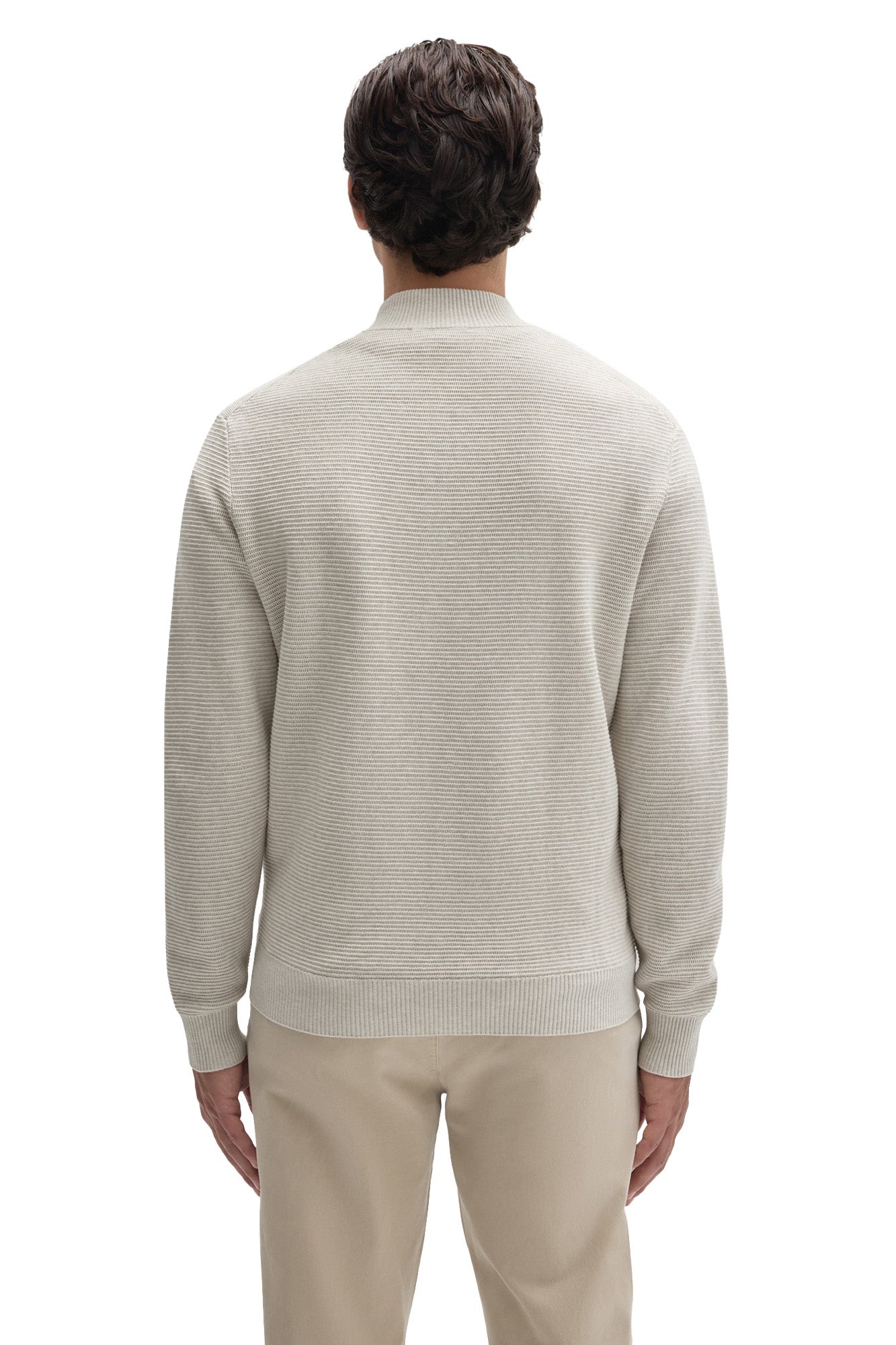 Robert Barakett men's off-white textured knit long-sleeve knit sweater with hem, cuffs and ribbed stand collar, back view