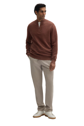 Robert Barakett men's full-body front view of a rust brown quarter-zip knit long-sleeve knit sweater with ribbed hem
