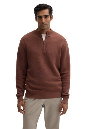 Robert Barakett men's rust brown quarter-zip knit long-sleeve knit sweater with ribbed hem and stand collar, front view