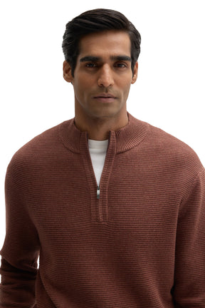 Men's close front detail of a rust brown textured knit long-sleeve knit sweater with ribbed stand collar by Robert Barakett