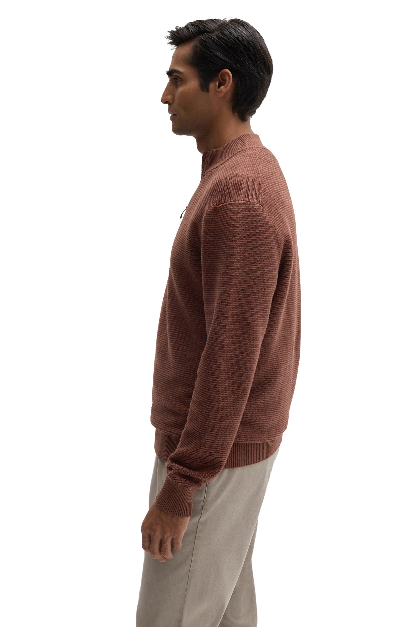 Robert Barakett men's rust brown quarter-zip knit long-sleeve knit sweater showing ribbed cuff and textured knit, side view