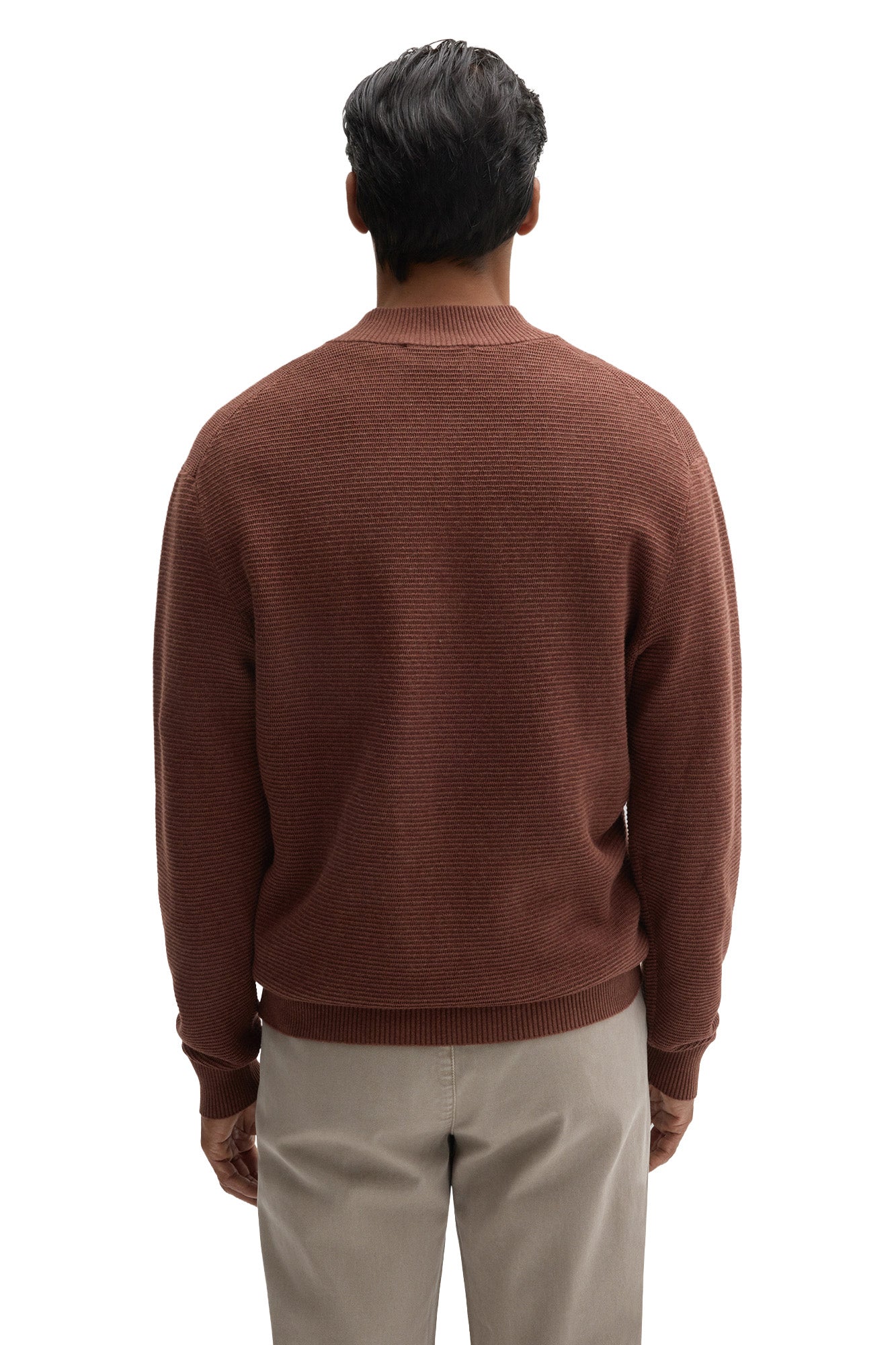 Robert Barakett men's rust brown textured knit long-sleeve knit sweater with bottom hem, cuffs and ribbed collar, back view
