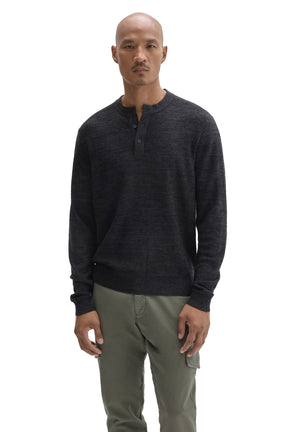 Robert Barakett men's dark charcoal henley long-sleeve knit sweater with short button placket and rib hem, front view