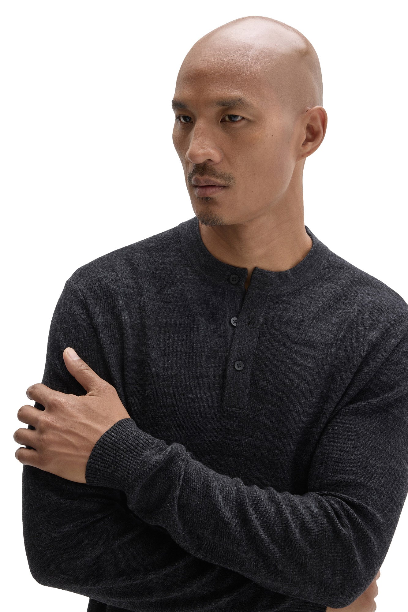 Robert Barakett men's dark charcoal henley long-sleeve knit sweater neckline, ribbed cuff and button placket, close view