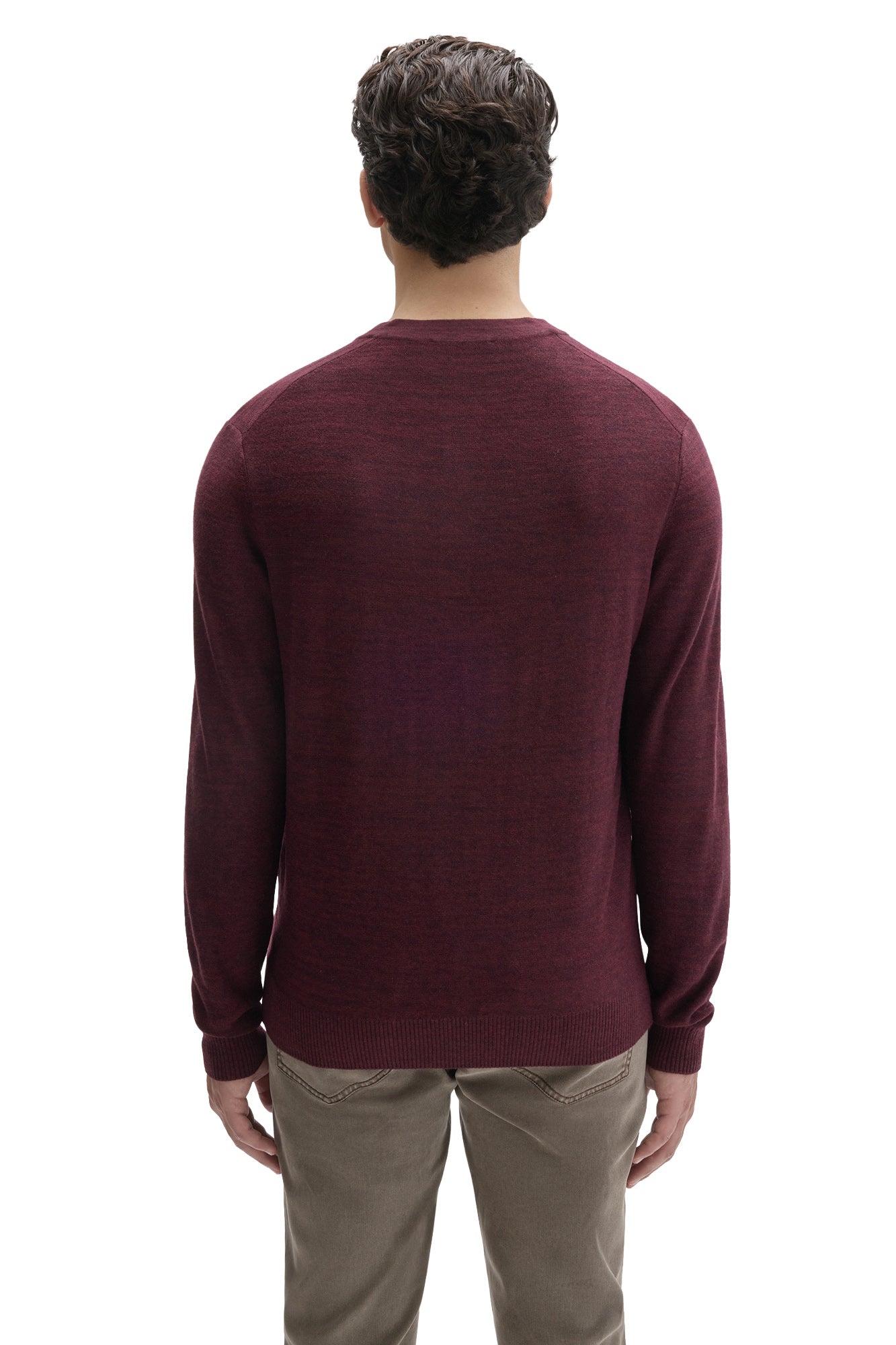 Robert Barakett men's burgundy long sleeve knit sweater with bottom hem and ribbed cuffs, back view
