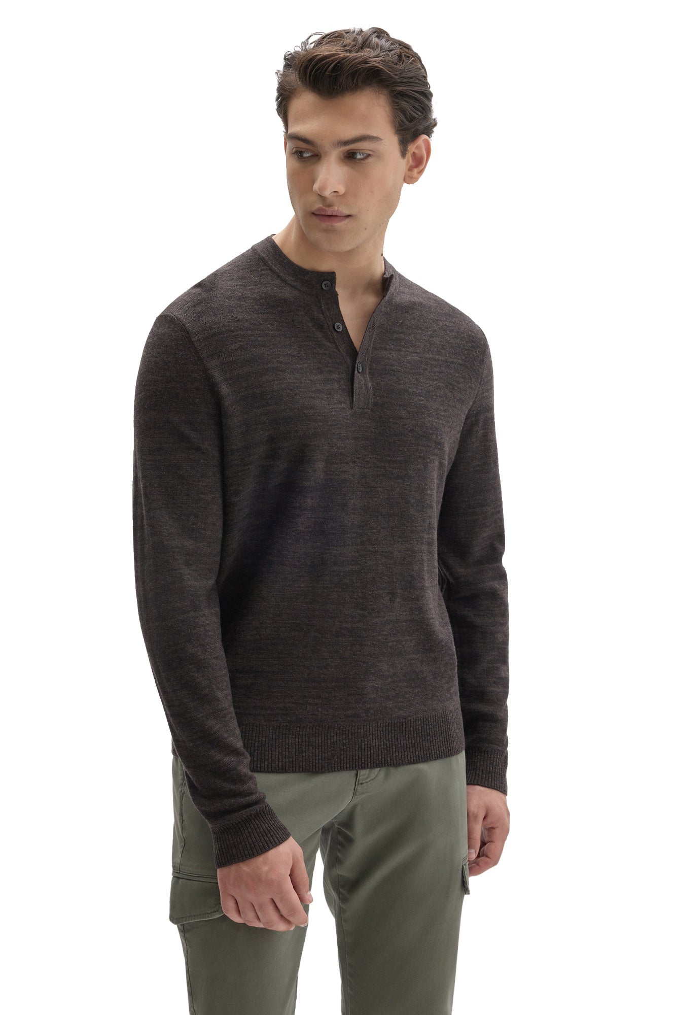 Robert Barakett men's dark brown long sleeve Henley sweater with ribbed hem and button placket shown from the front