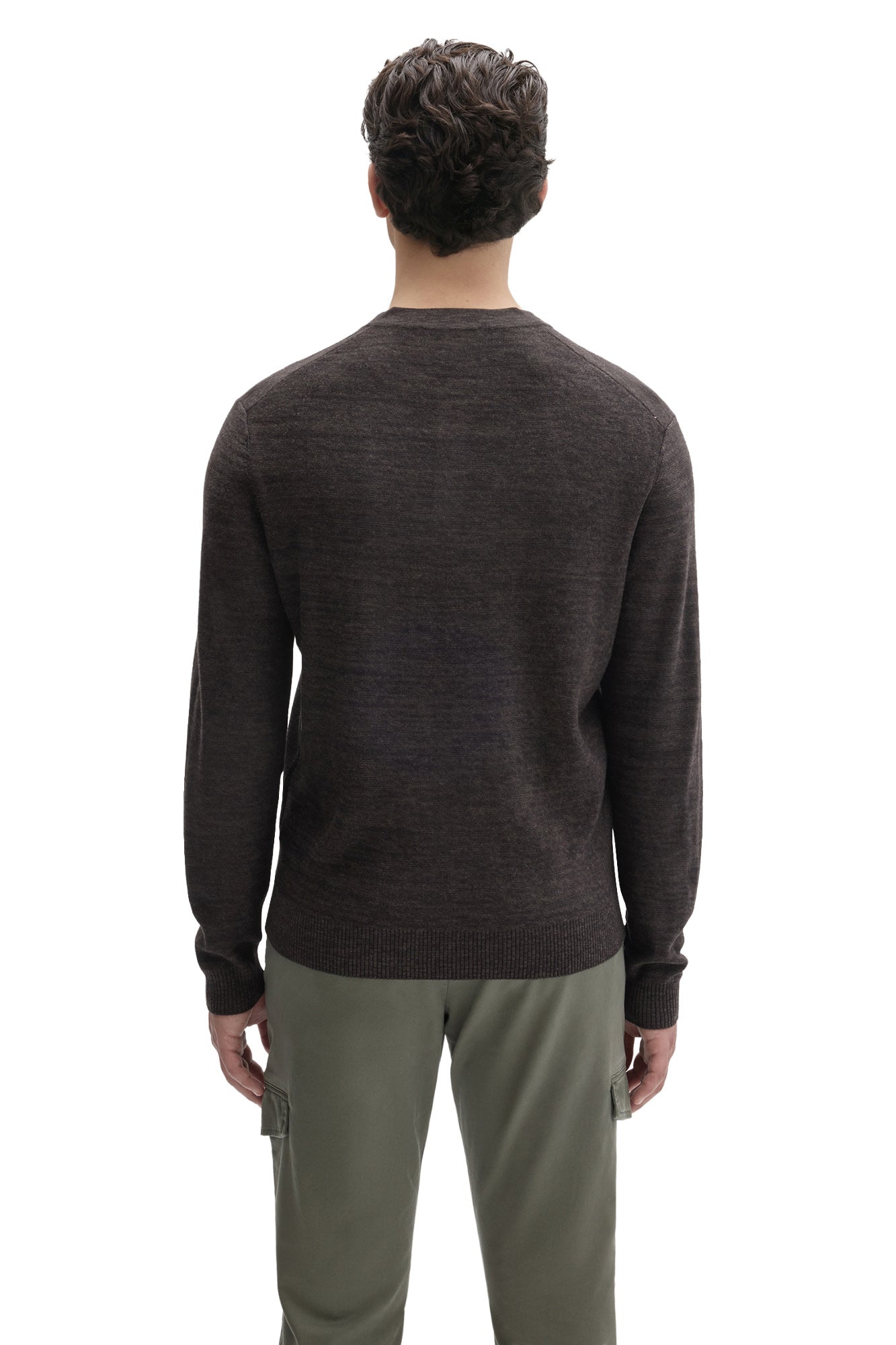 Back view of men's dark brown knit long-sleeve henley sweater with ribbed hem and cuffs by Robert Barakett