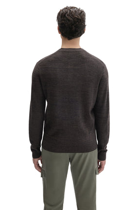 Back view of men's dark brown knit long-sleeve henley sweater with ribbed hem and cuffs by Robert Barakett
