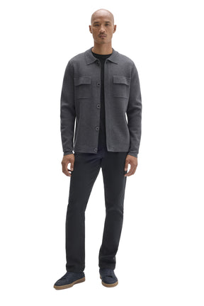 Men's full-body front view of charcoal gray button-front cardigan with chest pockets by Robert Barakett