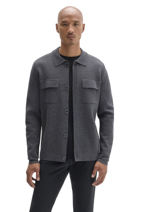 Robert Barakett men's charcoal gray collared cardigan with flap chest pockets and dark buttons shown from the front