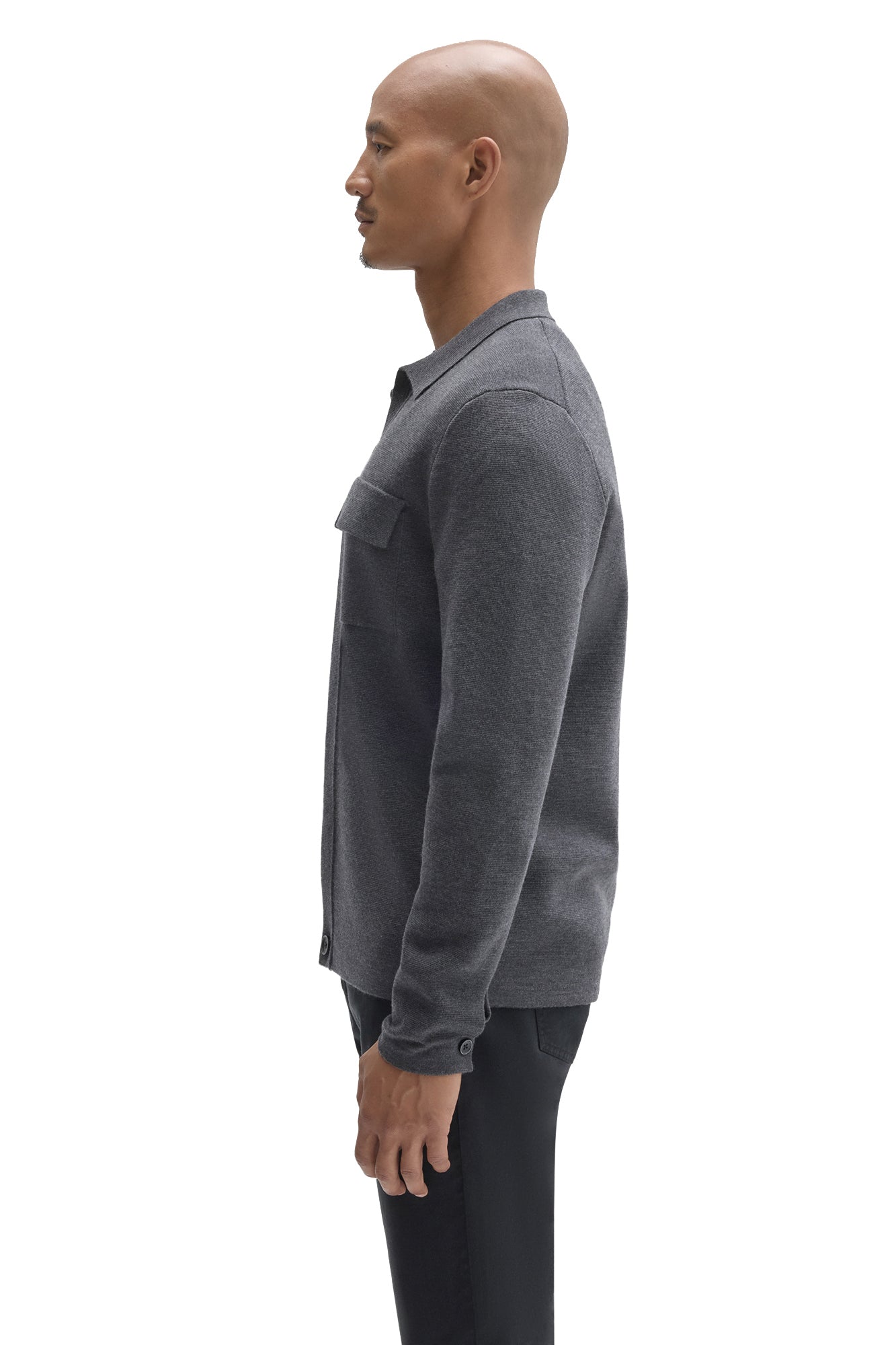 Robert Barakett men's charcoal gray button-front cardigan with long sleeve and shirt collar shown from the side