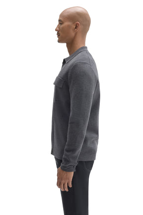 Robert Barakett men's charcoal gray button-front cardigan with long sleeve and shirt collar shown from the side