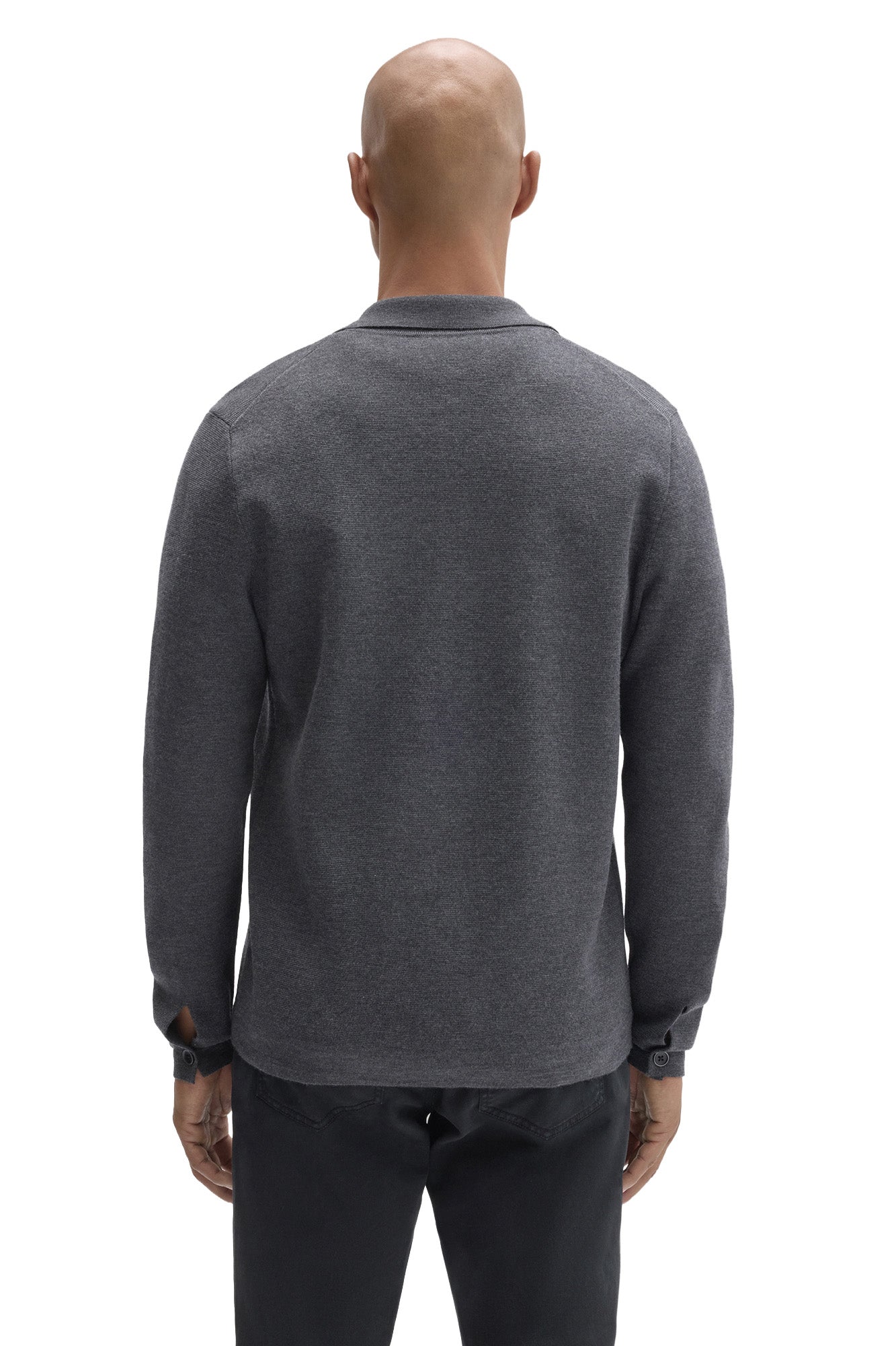 Robert Barakett men's charcoal gray collared cardigan with buttoned cuffs and straight hem, back view