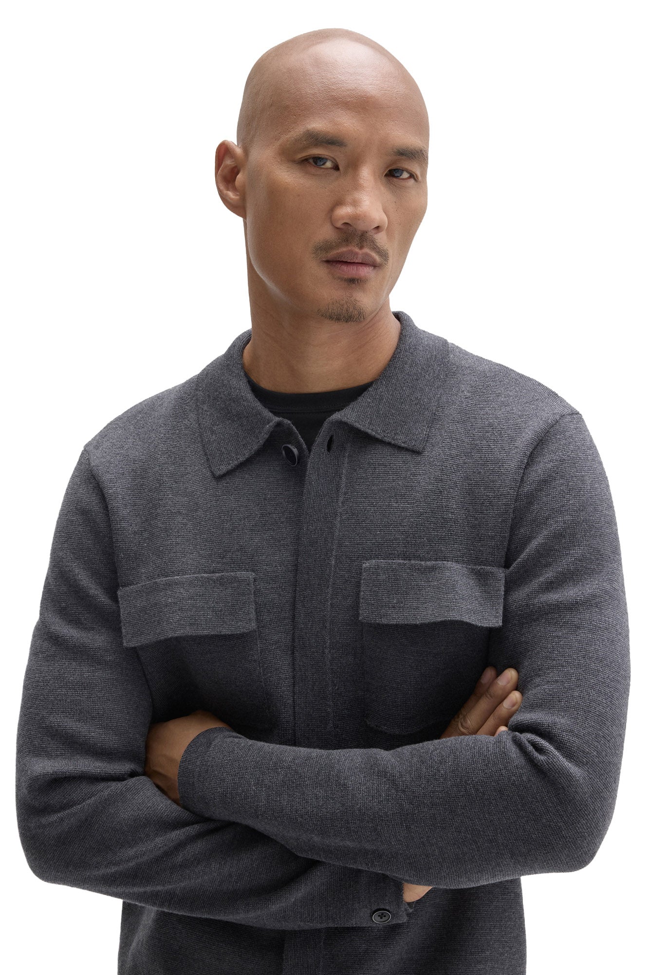Robert Barakett men's close front view of charcoal gray collared cardigan showing chest pockets and knit texture