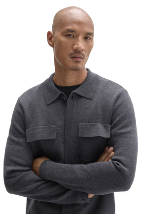 Robert Barakett men's close front view of charcoal gray collared cardigan showing chest pockets and knit texture