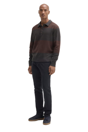 Men's angled full-body view of striped long sleeve knit polo in charcoal gray and brown, side view by Robert Barakett